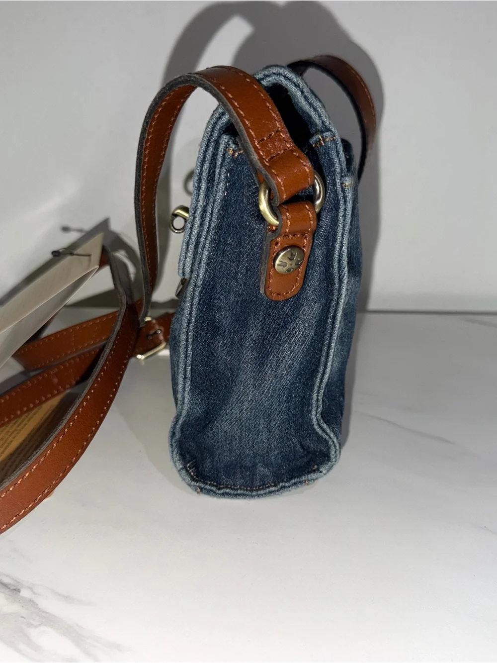 Denim Crossbody Bag with Brown Leather Strap